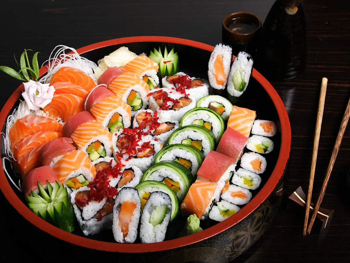 Large assorted sushi platter with fresh sashimi and maki rolls at Kanji Asian Bistro & Sushi Bar，an Asian Fusion Restaurant in Newark